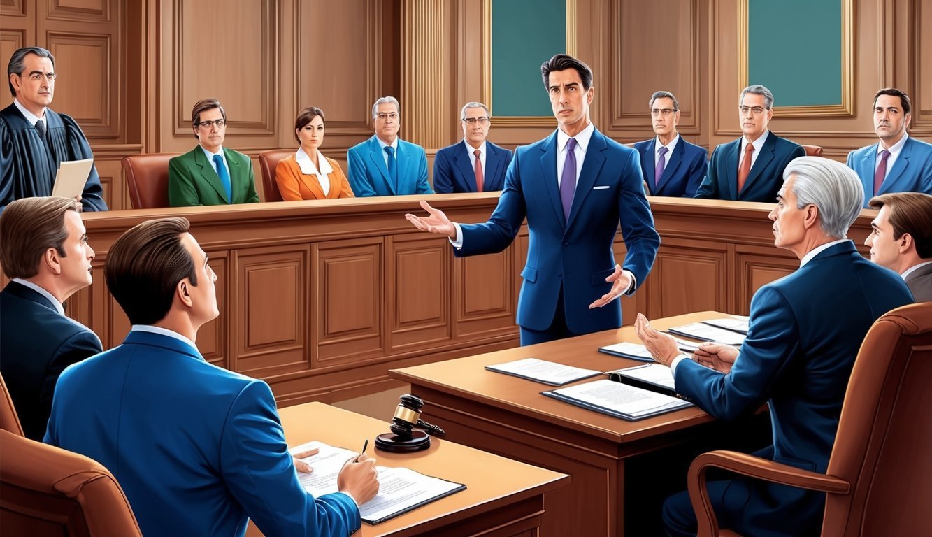 A courtroom with a confident lawyer presenting a compelling argument to a jury, while the judge looks on with a stern expression