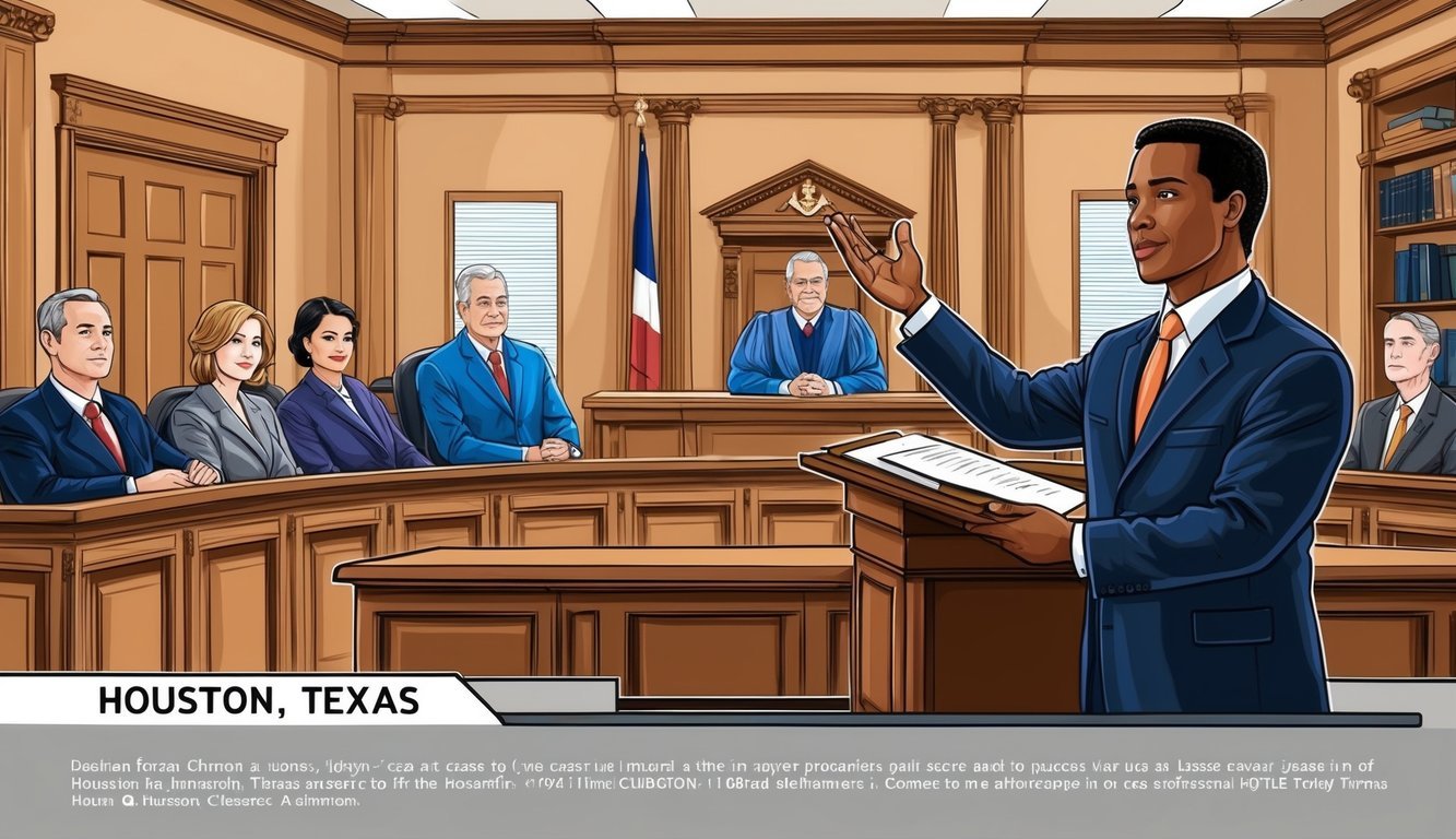 A courtroom in Houston, Texas with a local lawyer confidently presenting a case to a judge and jury