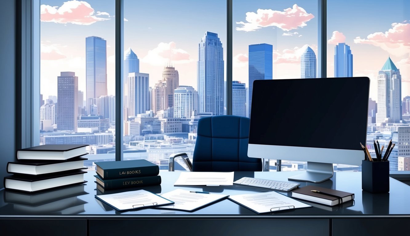 A sleek, modern office with city skyline view.</p><p>Law books, computer, and legal documents neatly arranged on the desk