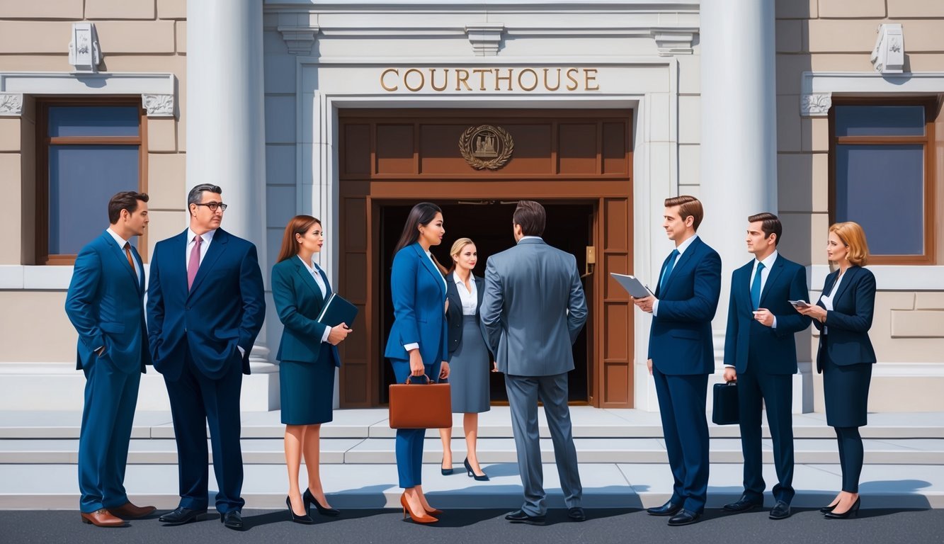 A group of people standing in front of a courthouse, with a line of individuals waiting to enter, while others consult with lawyers