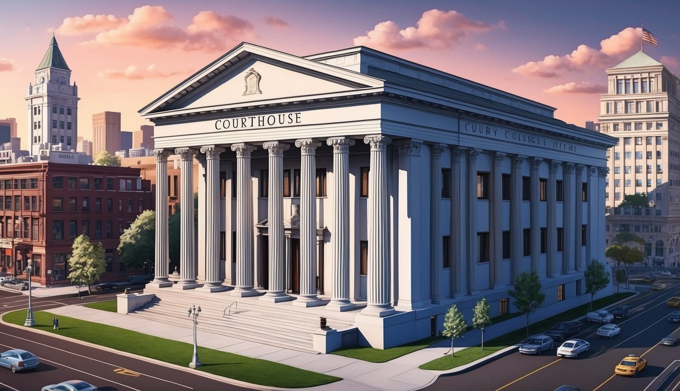 A courthouse with a grand facade and columns, surrounded by a bustling cityscape