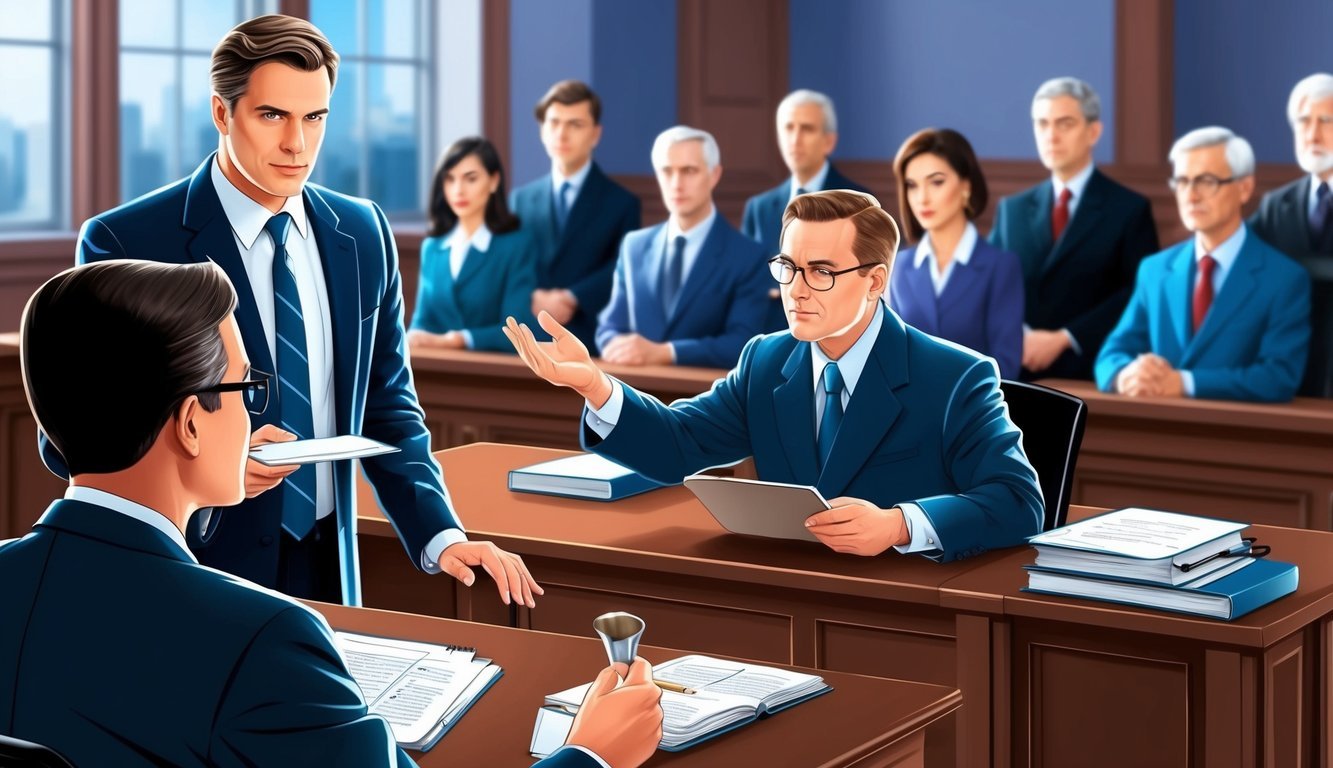 A courtroom scene with a confident lawyer presenting evidence, while the judge and jury attentively listen in the background