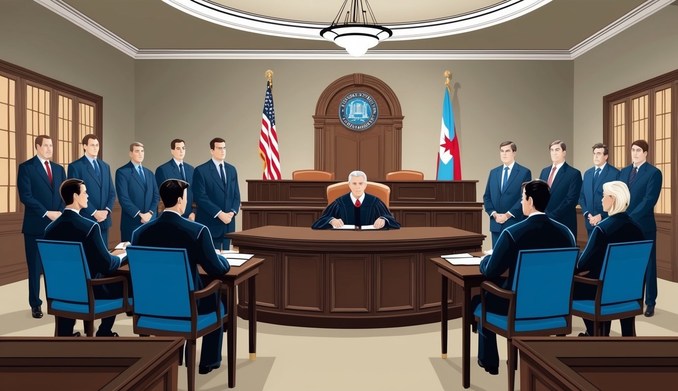 A courtroom with a judge, jury, and defendant's table, surrounded by criminal lawyers in Chicago