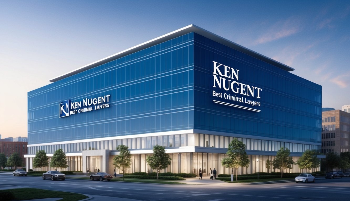 A sleek and modern office building in the heart of downtown Atlanta, with the Ken Nugent Best Criminal Lawyers logo prominently displayed on the front facade