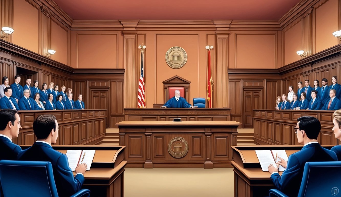 A courtroom with a judge's bench, witness stand, and gallery of spectators