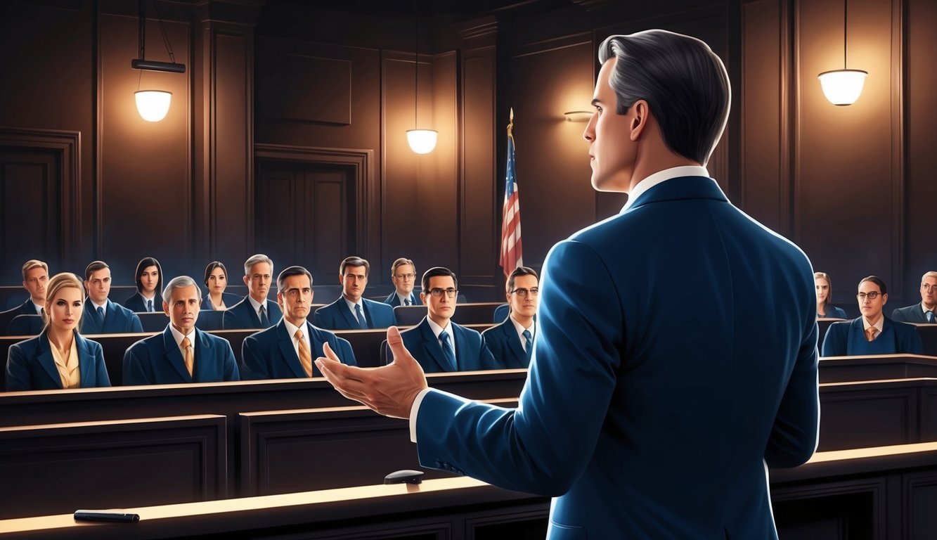 A dimly lit courtroom with a confident lawyer addressing the jury