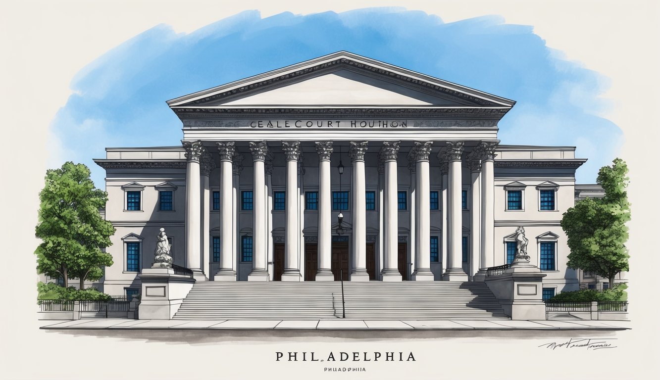 A grand courthouse in Philadelphia, with imposing columns and a sense of authority