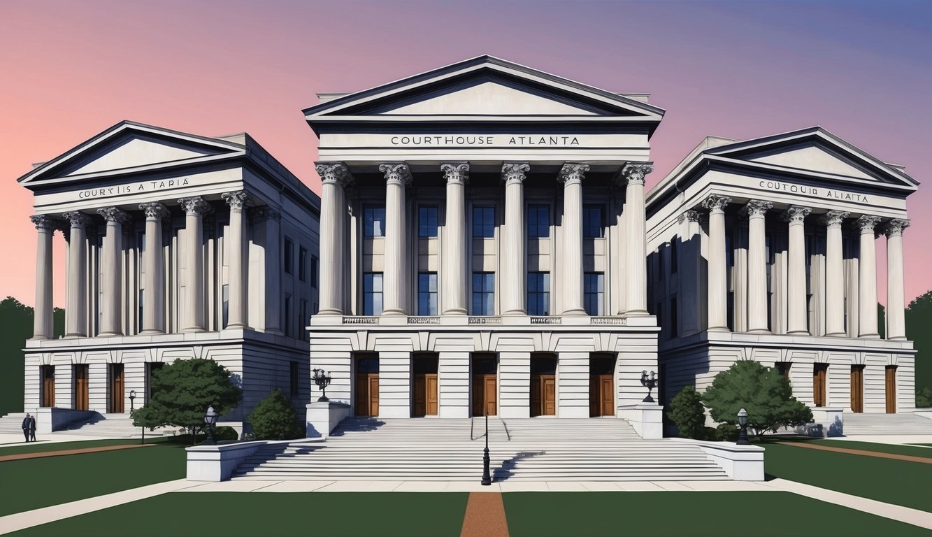 Three imposing courthouse buildings in Atlanta, with grand columns and a sense of authority