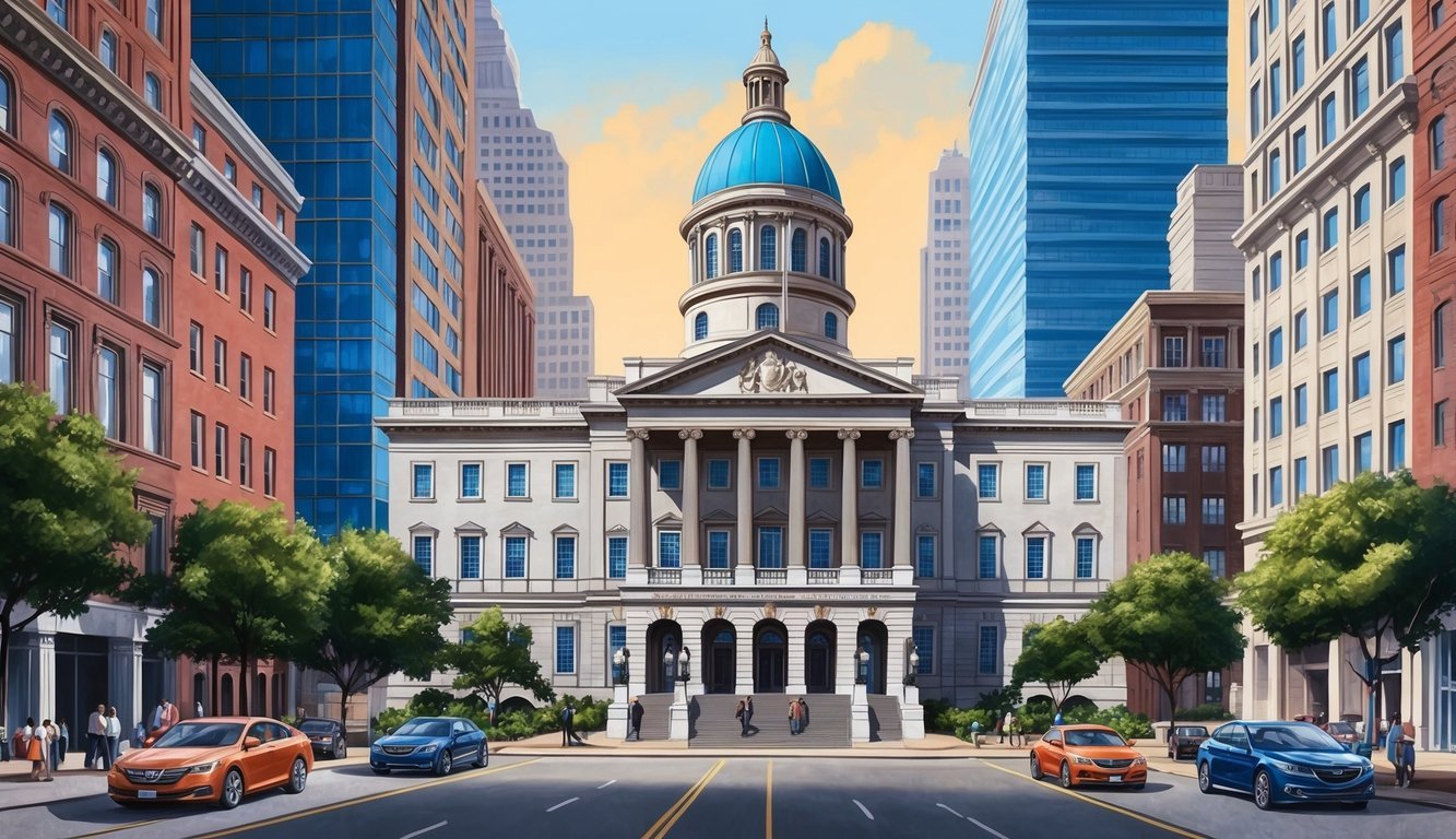 A grand courthouse in Philadelphia, surrounded by towering buildings and bustling streets