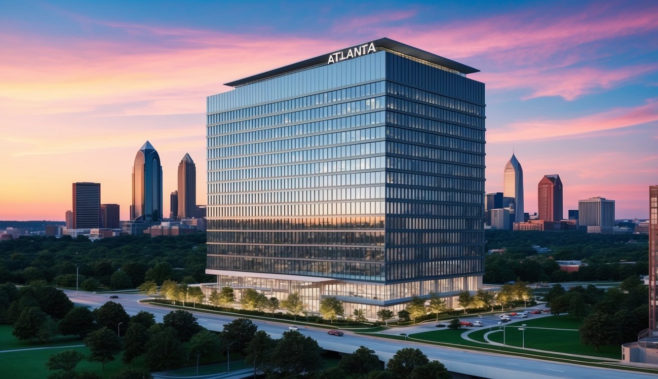 A modern office building with sleek architecture, set against the backdrop of the Atlanta skyline at sunset