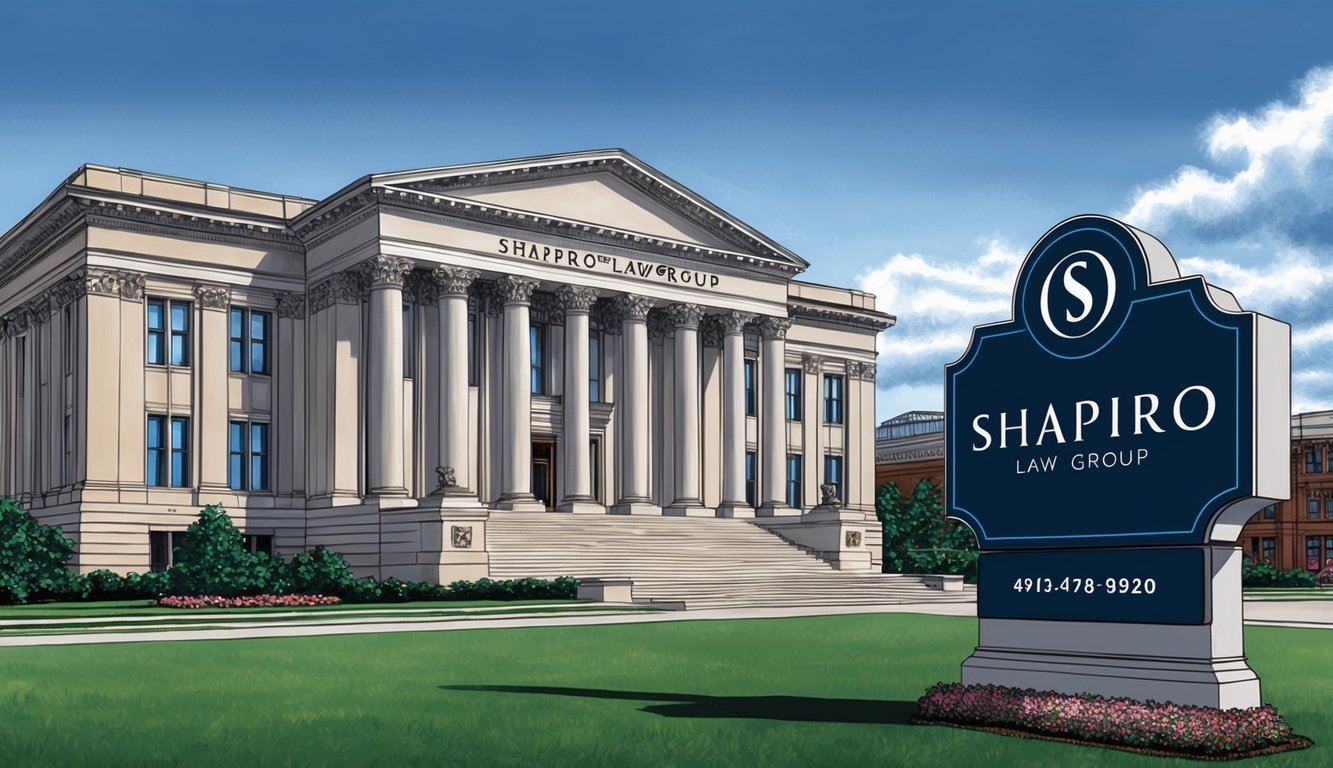 A grand courthouse in Atlanta with the Shapiro Law Group sign prominently displayed