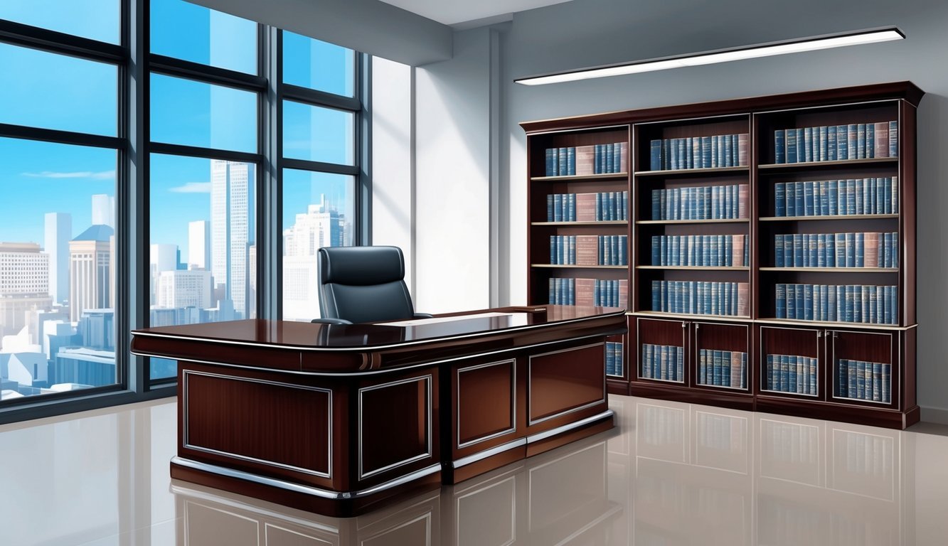 A sleek, modern law office with large windows, a polished reception desk, and shelves of legal books