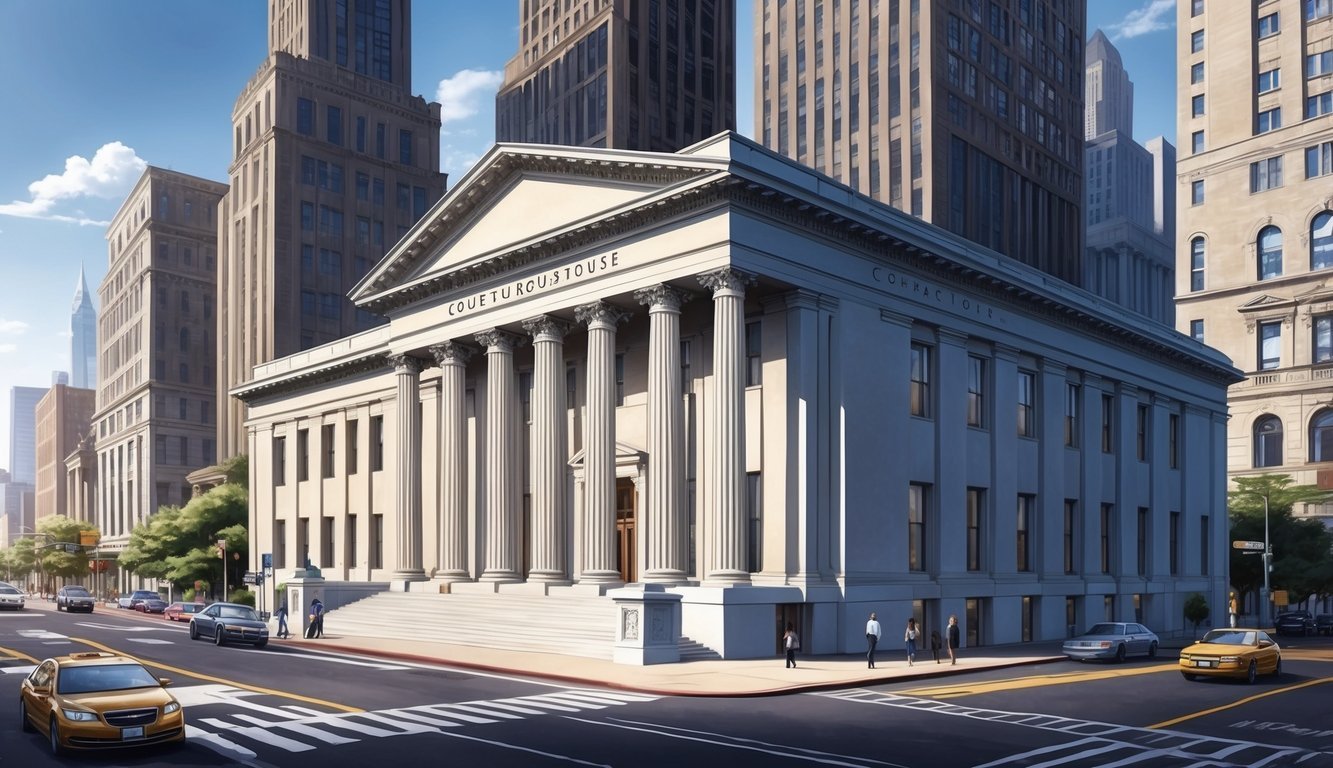 A grand courthouse facade with pillars and a prominent entrance, surrounded by bustling city streets and tall buildings