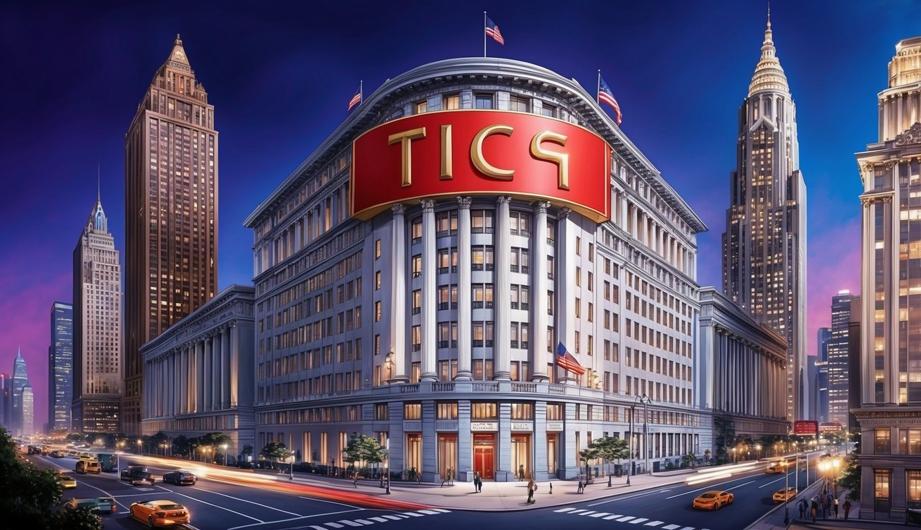 A grand building with a bold sign, surrounded by city lights and towering skyscrapers