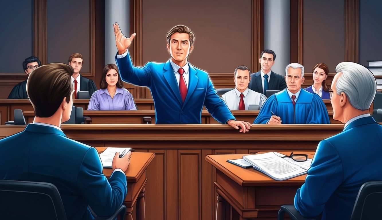 A courtroom with a confident lawyer presenting a compelling case to a jury, while the judge listens attentively from the bench