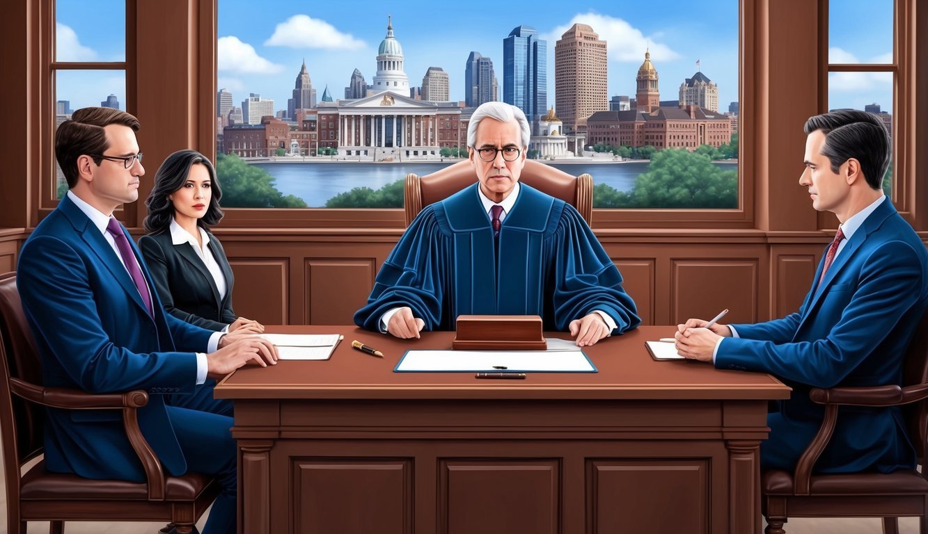 A courtroom scene with a judge, lawyers, and defendant, with the city of Philadelphia in the background