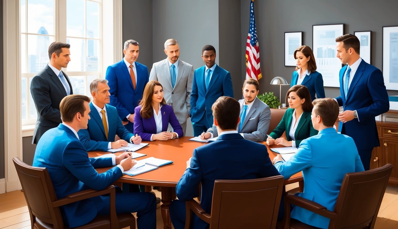 A group of people gathered around a table, discussing legal matters in a law office in Philadelphia