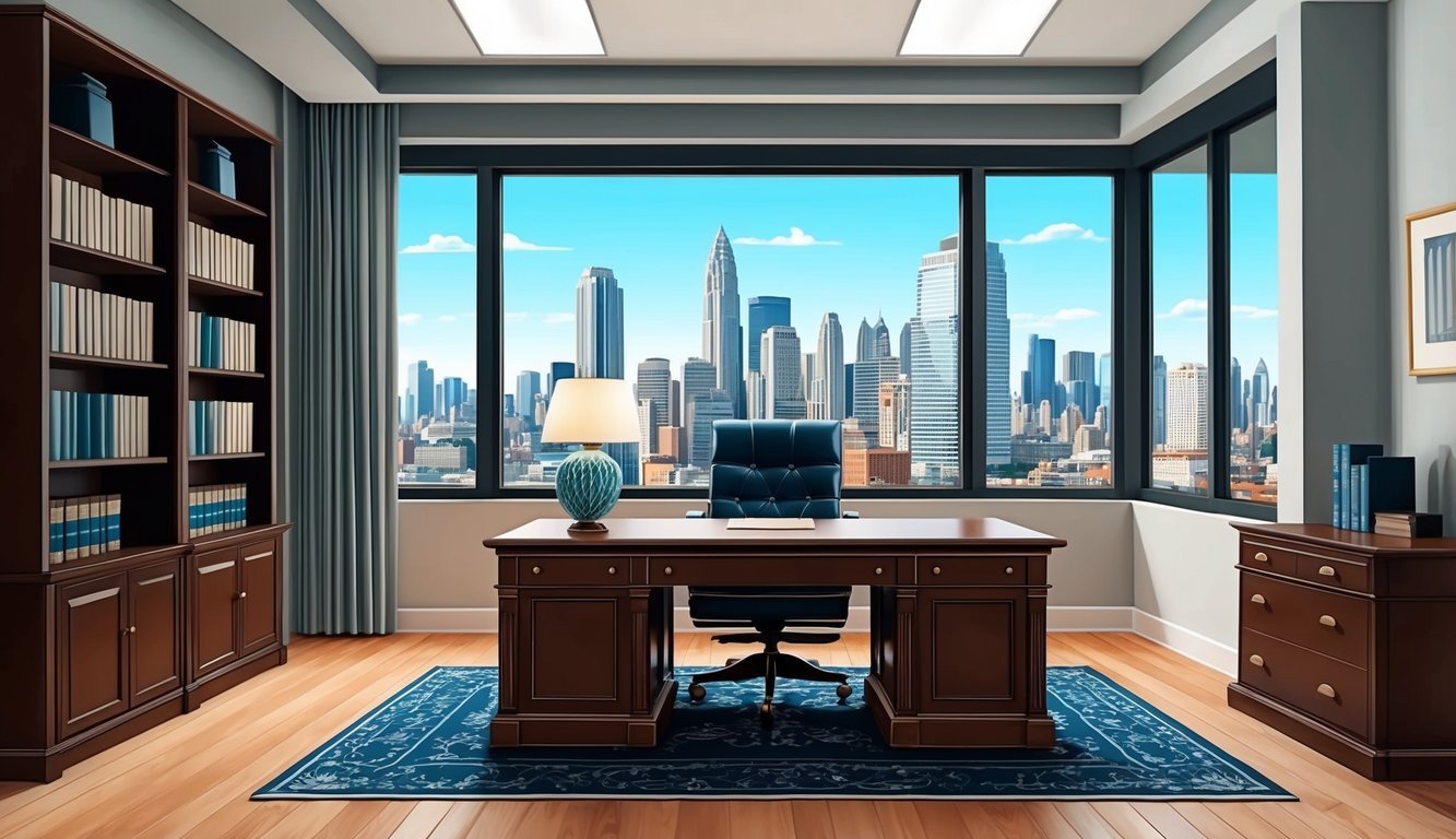 A lawyer's office with a desk, bookshelves, and a large window overlooking the city skyline