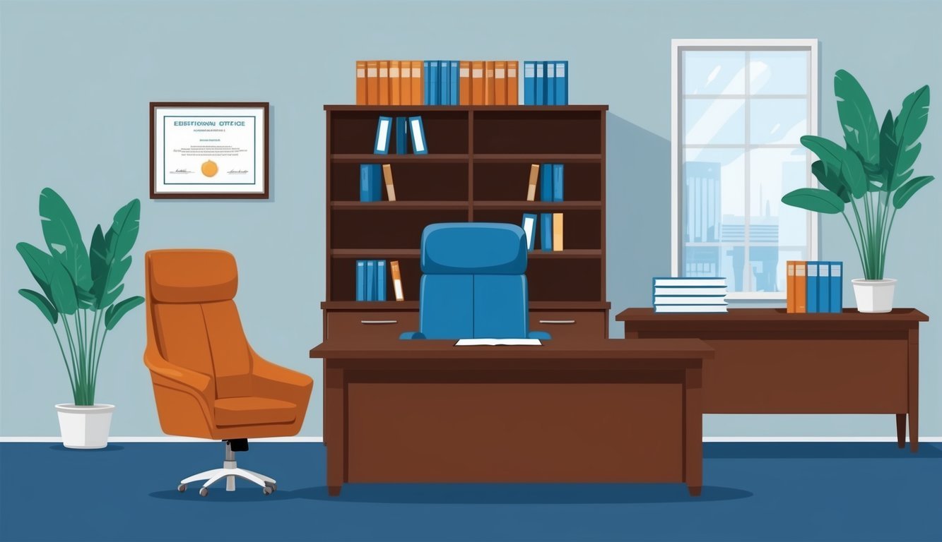 A lawyer's office with a desk, chair, and bookshelves.</p><p>A framed certificate on the wall.</p><p>Professional and organized