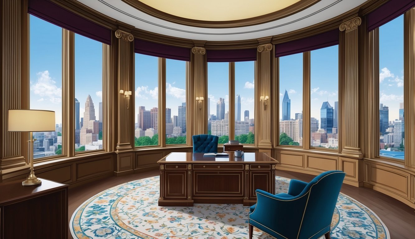 A grand law office with high ceilings, elegant furnishings, and large windows overlooking the city skyline