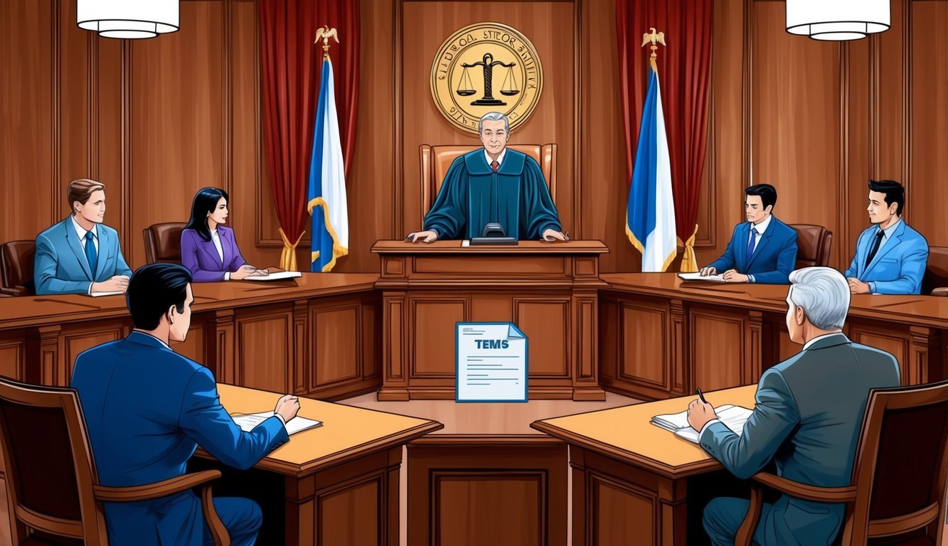 A courtroom with a judge presiding over a legal separation case.</p><p>Attorneys and clients seated at tables, discussing terms