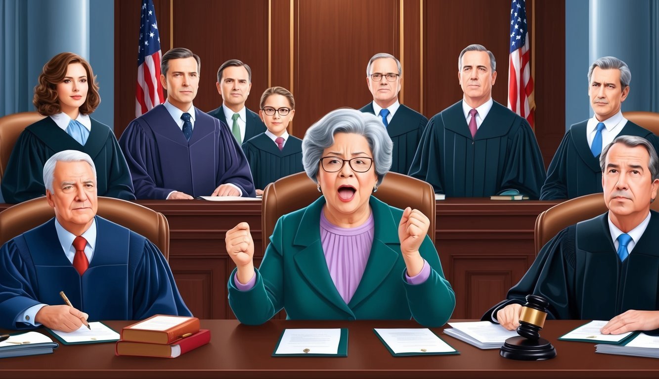 A courtroom scene with a grandparent speaking passionately, surrounded by family lawyers and judges in Washington DC