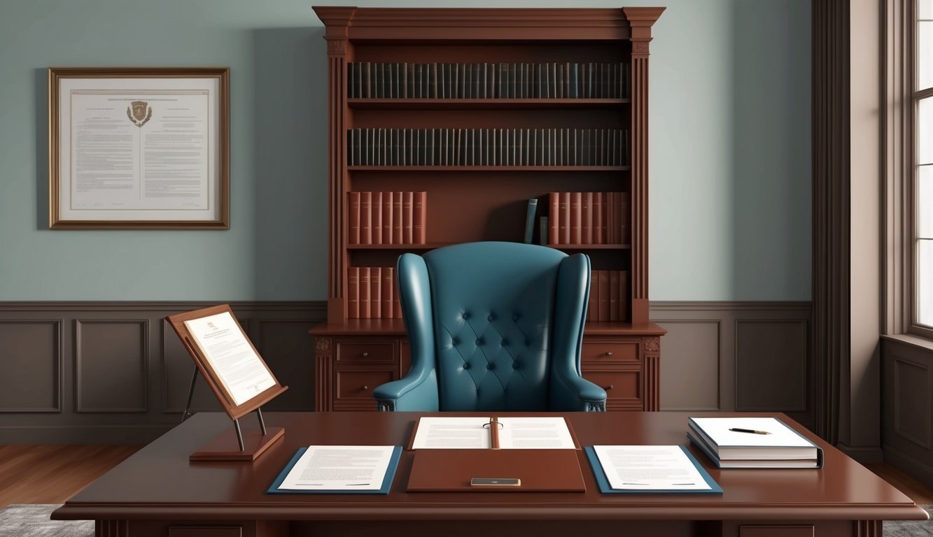 A lawyer's office with a desk, bookshelves, and legal documents