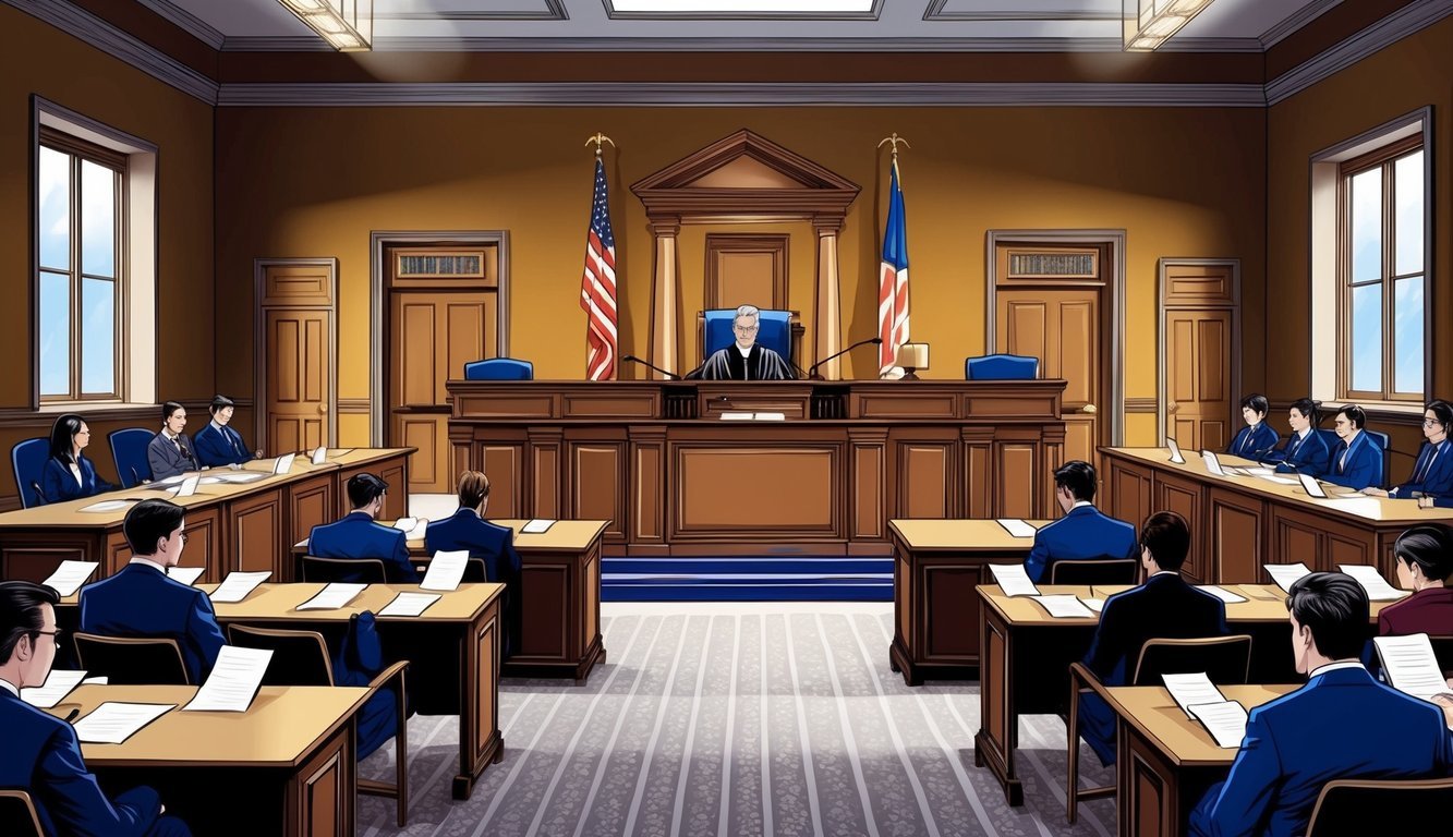 A courtroom with a judge's bench, lawyer's tables, and seating for clients.</p><p>The room is filled with legal documents and a sense of tension