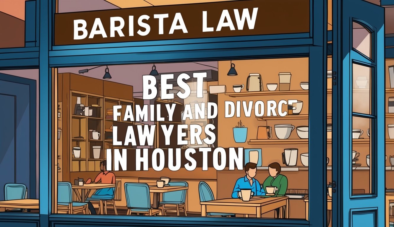 A busy coffee shop with a prominent sign reading "Barista Law Best Family and Divorce Lawyers in Houston" visible through the window