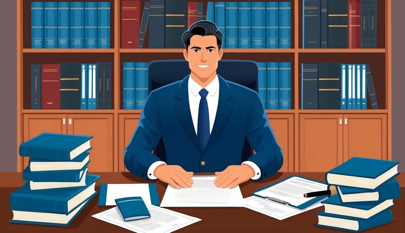 A lawyer sitting behind a desk, surrounded by law books and paperwork, with a confident and professional demeanor