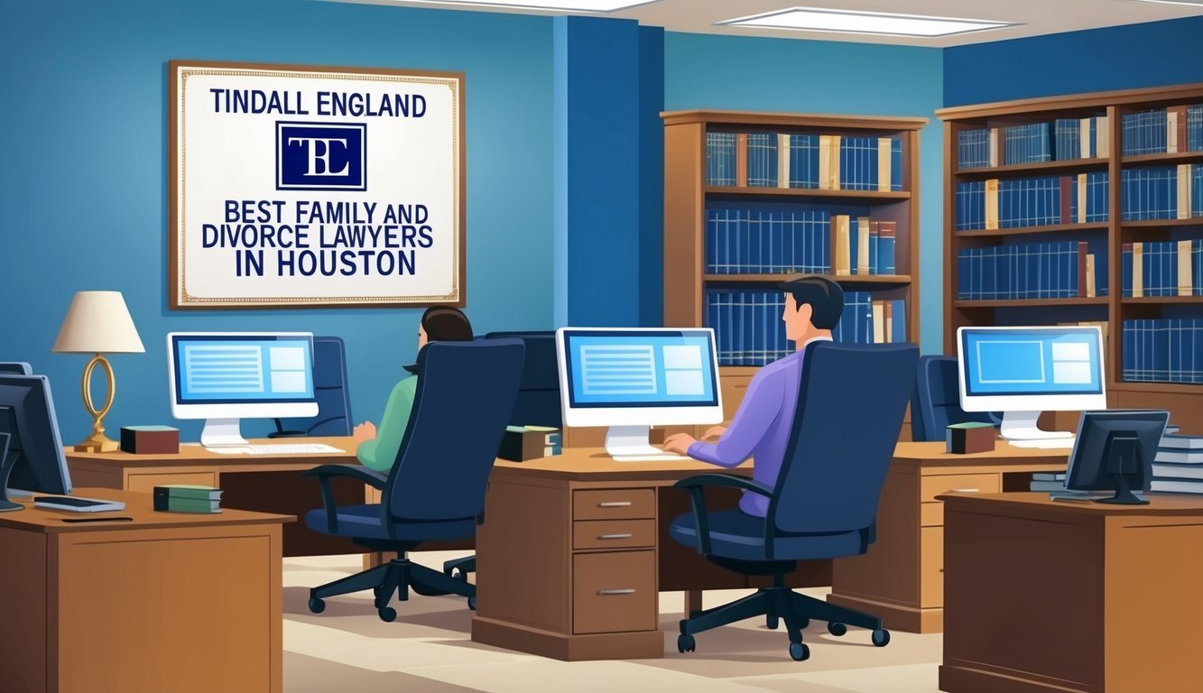 A busy law office with desks, computers, and shelves of legal books.</p><p>A sign on the wall reads "Tindall England PC Best Family and Divorce Lawyers in Houston."