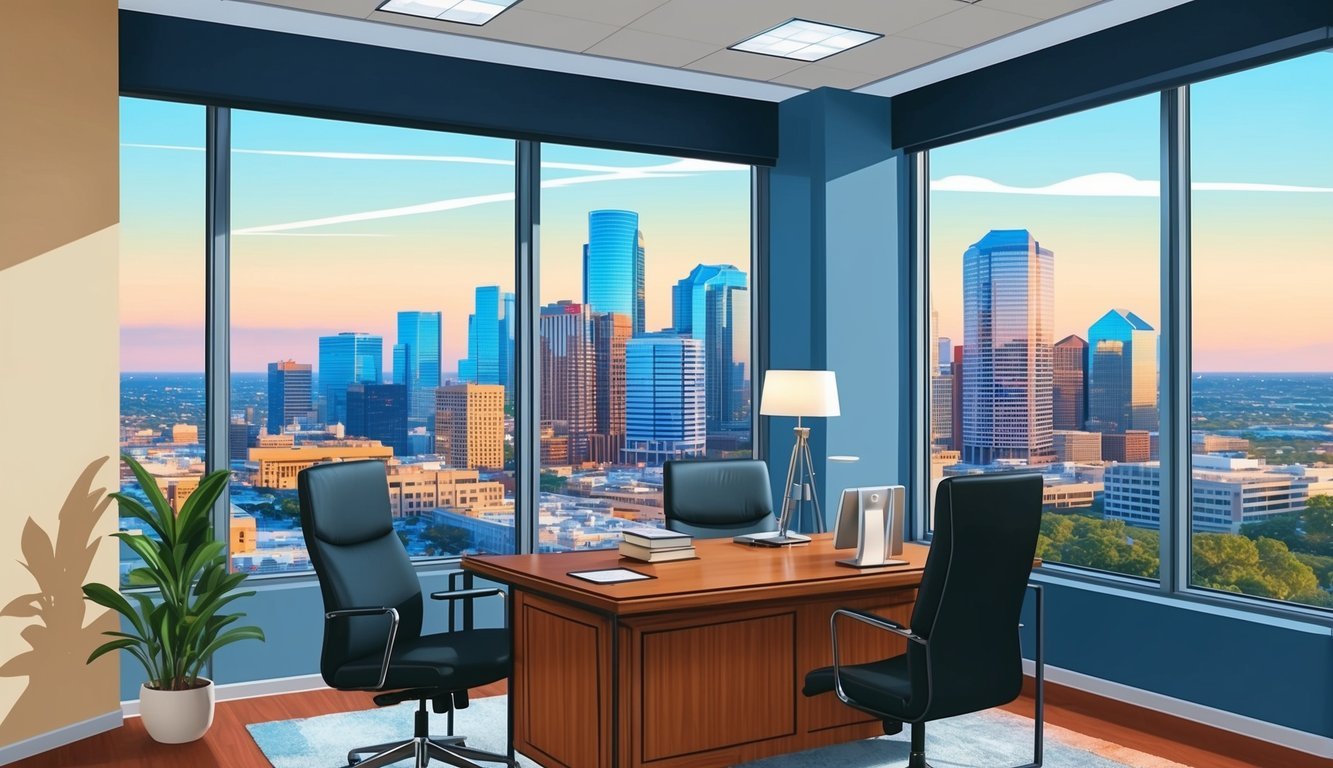 A bustling law office in downtown Houston, with modern decor and large windows overlooking the city skyline