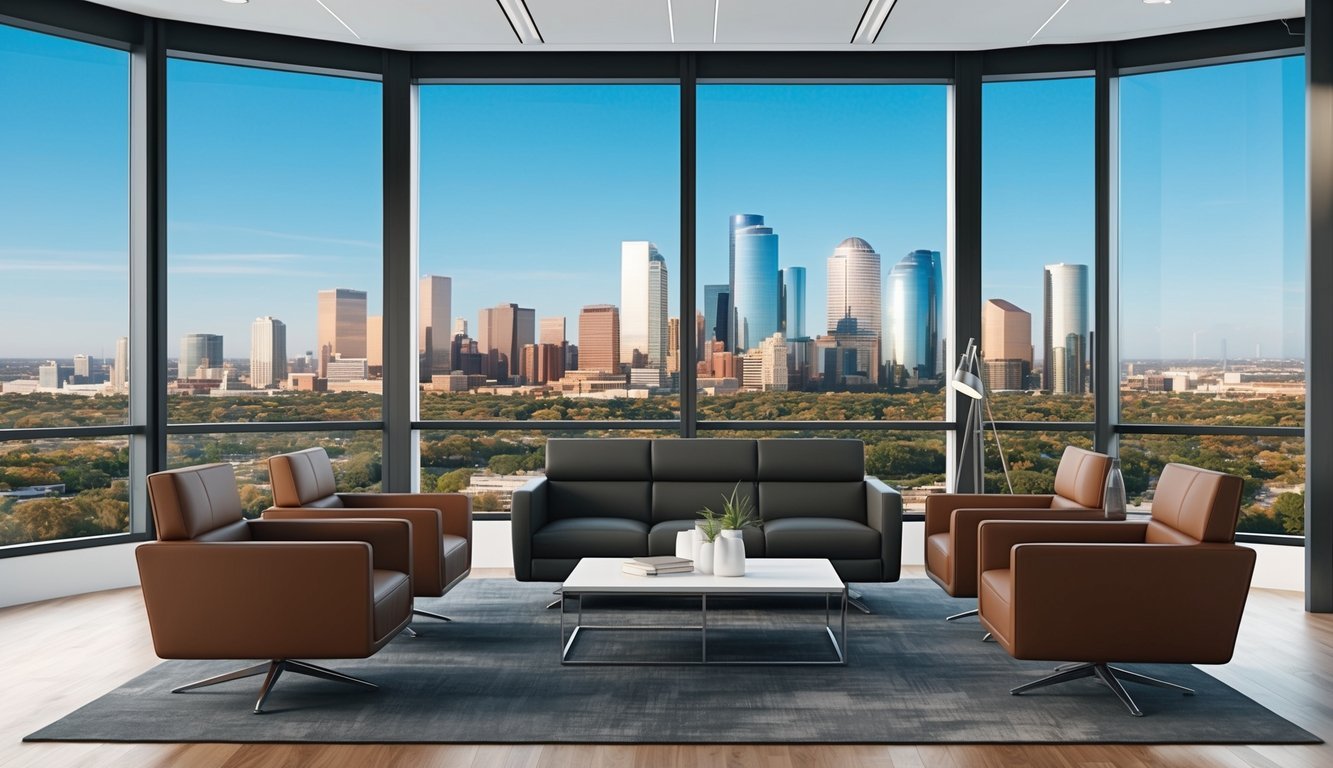 A modern office with sleek furniture and large windows overlooking the Houston skyline