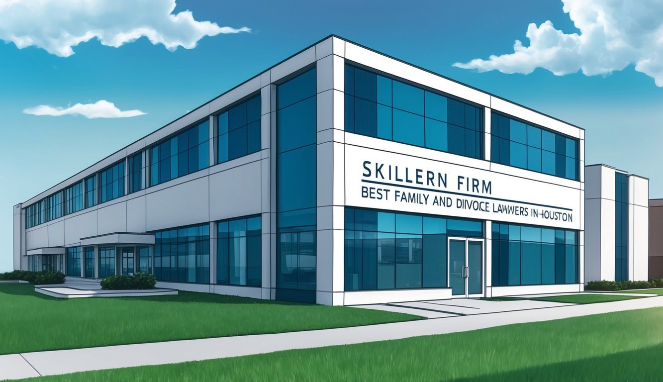 A modern office building with a sleek exterior and prominent signage for "Skillern Firm Best Family and Divorce Lawyers in Houston."