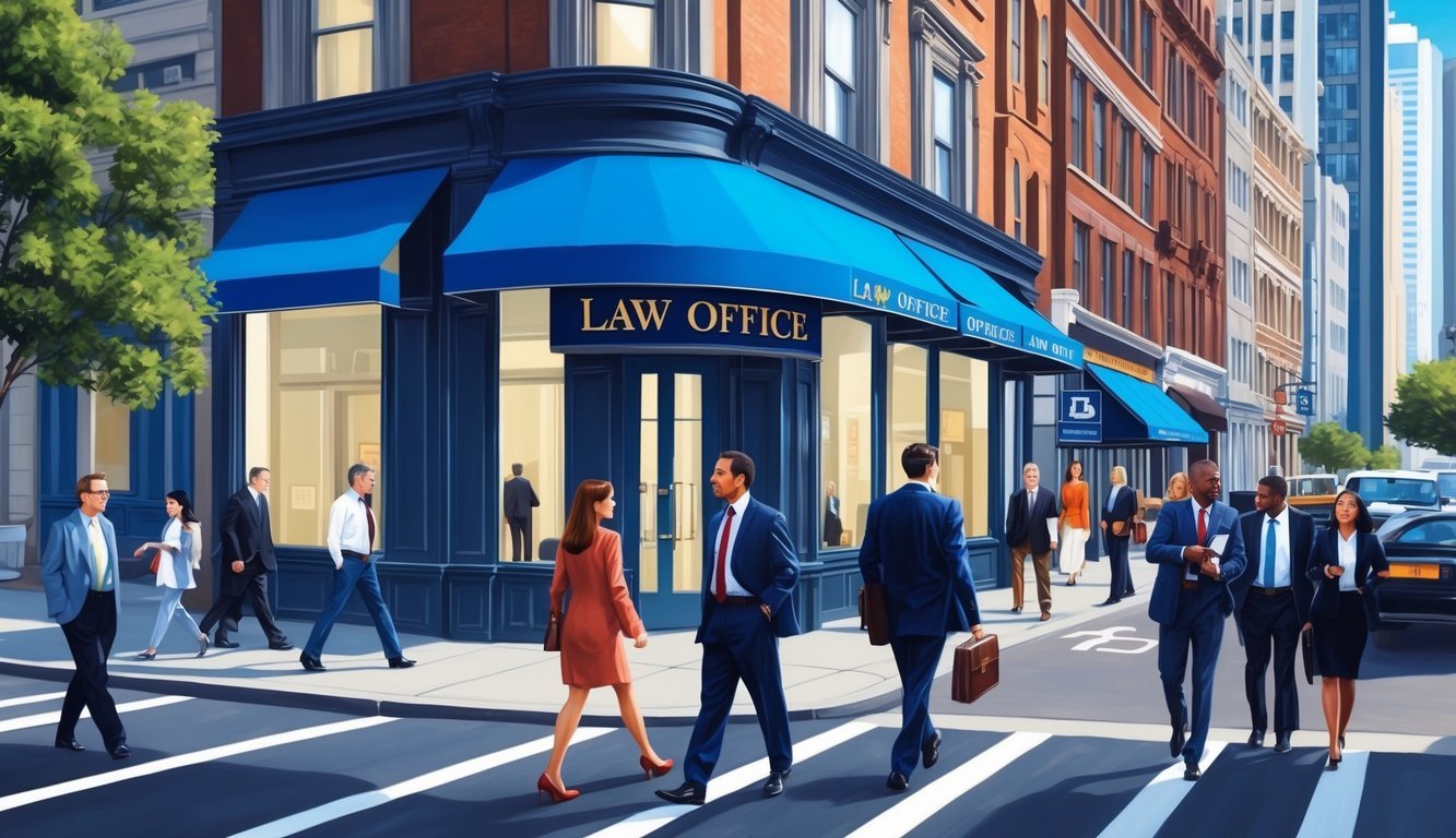 A bustling city street with a prominent law office sign and people walking by