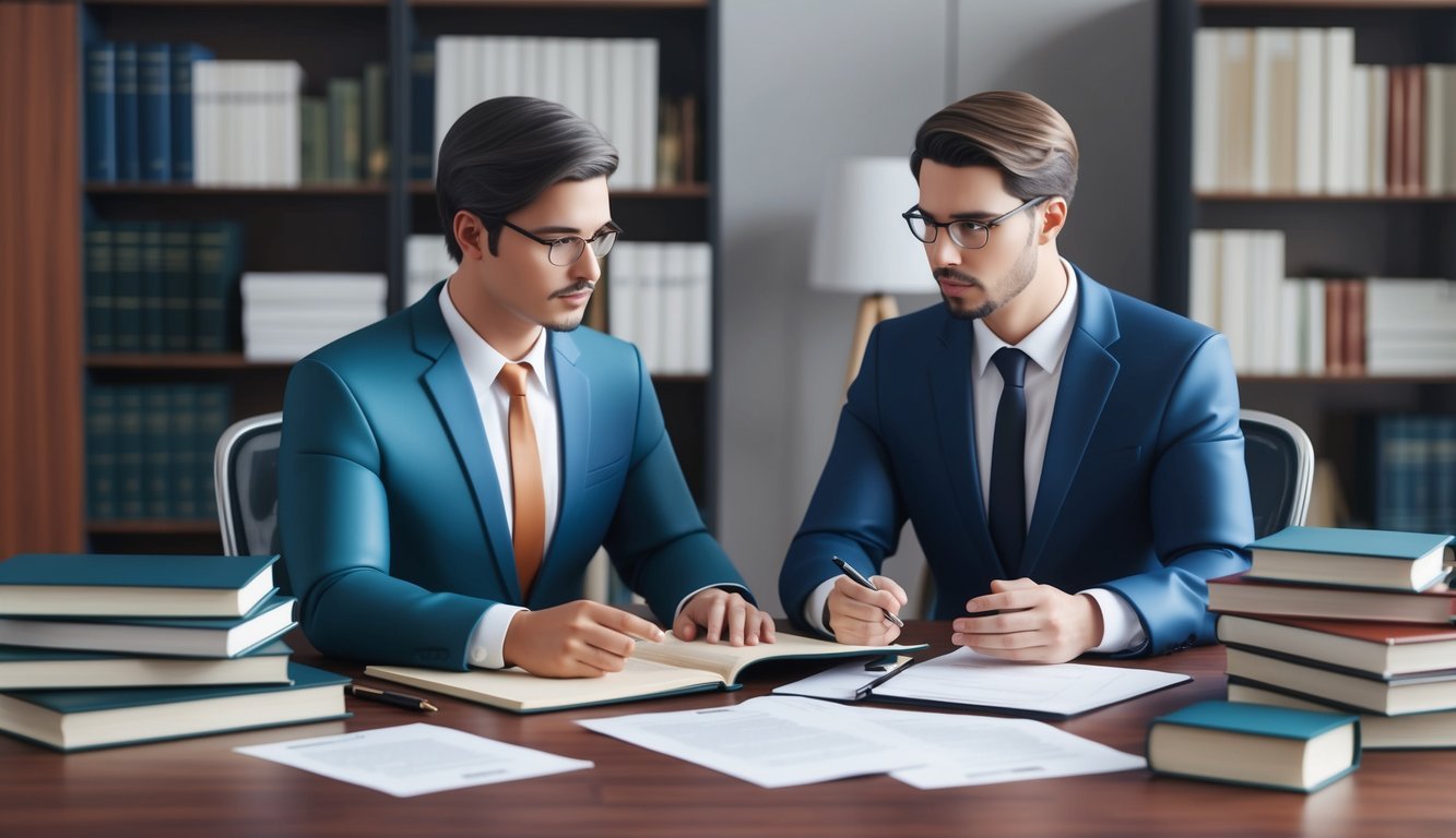 A modern office with two lawyers discussing a case, surrounded by law books and legal documents