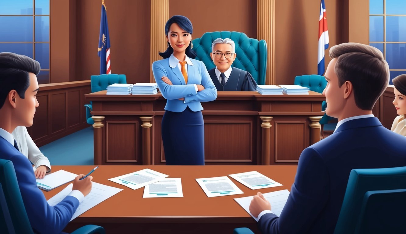 A family lawyer standing confidently in a courtroom, surrounded by legal documents and a judge's bench, with clients seated nearby