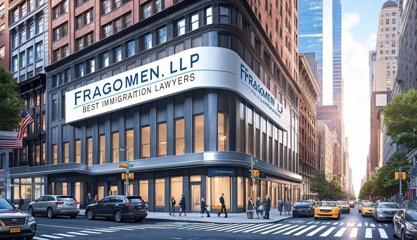 A bustling New York City street with a prominent office building featuring the sign "Fragomen LLP Best Immigration Lawyers" prominently displayed