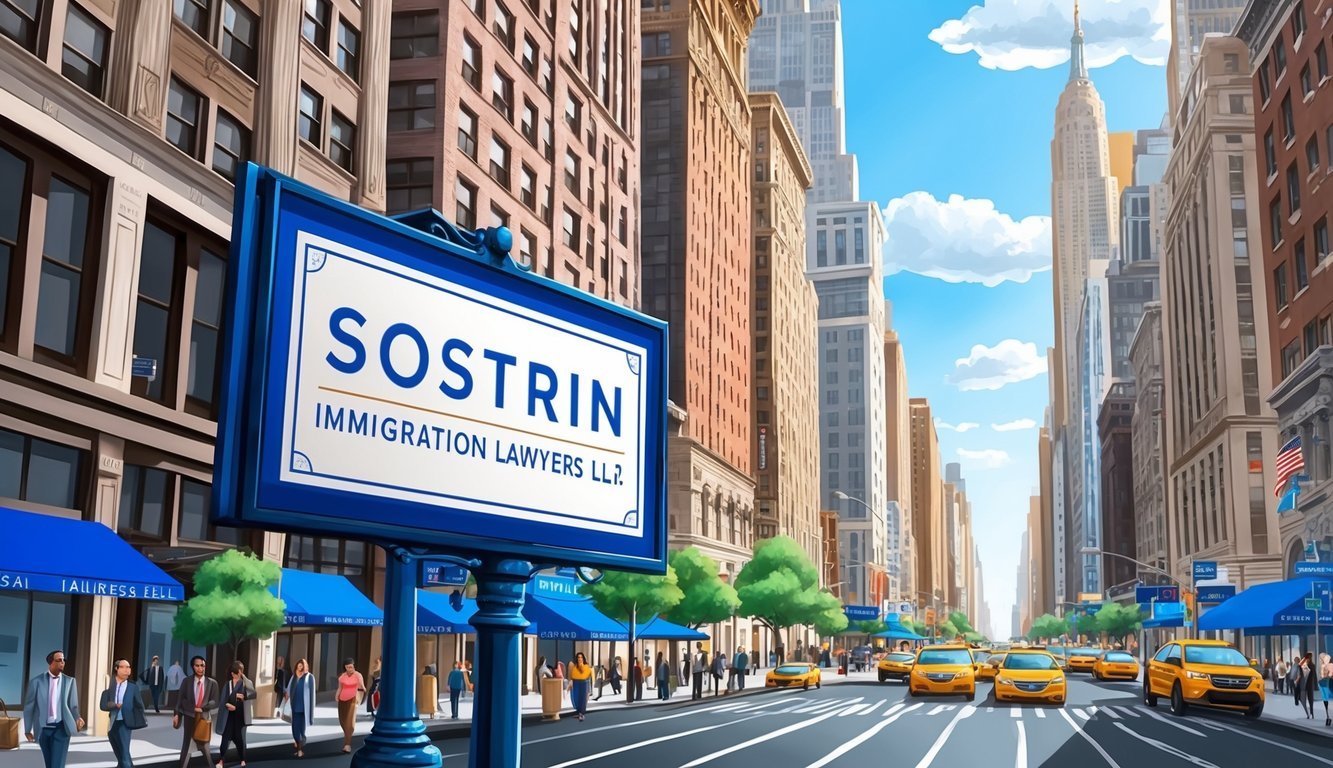 A bustling New York City street with a prominent sign for Sostrin Immigration Lawyers LLP.</p><p>Tall buildings and busy pedestrians in the background