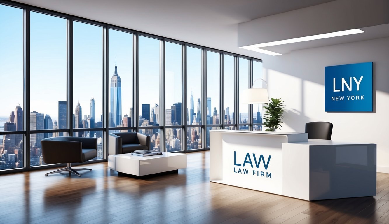 A modern office with sleek furniture and large windows overlooking the New York skyline.</p><p>The logo of the law firm is prominently displayed on the reception desk