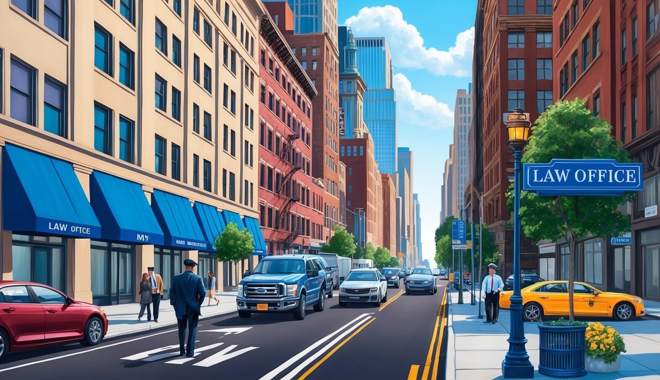 A bustling New York City street with a prominent law office sign