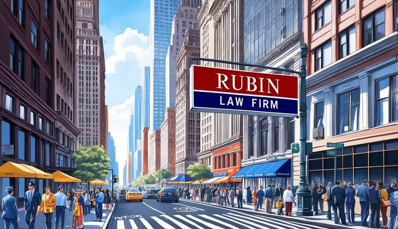 A bustling New York City street with a prominent sign for Rubin Law Firm, surrounded by skyscrapers and busy pedestrians