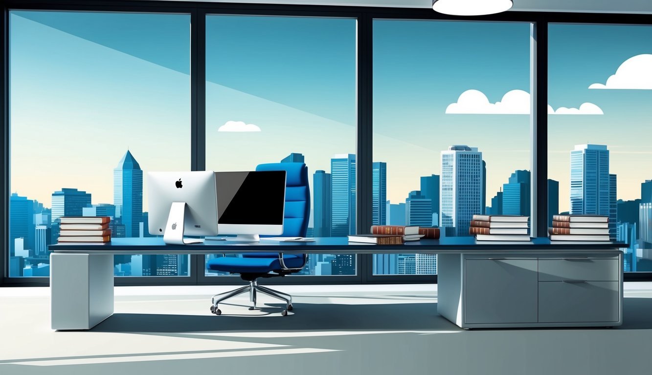 A modern office with a sleek desk, computer, and legal books.</p><p>City skyline visible through large windows