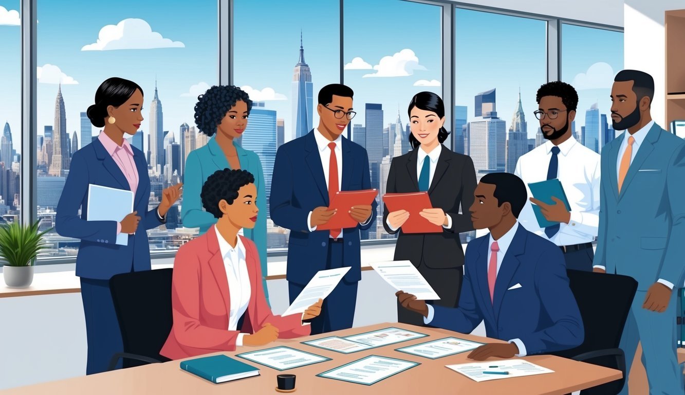 A group of diverse individuals discussing legal documents and immigration law in a modern office setting with New York City skyline in the background