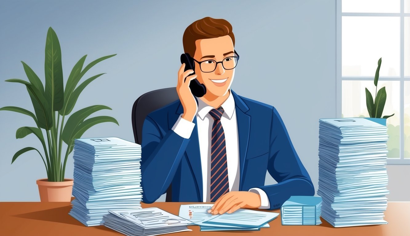 A person sitting at a desk with a stack of legal documents, speaking on the phone with an immigration lawyer