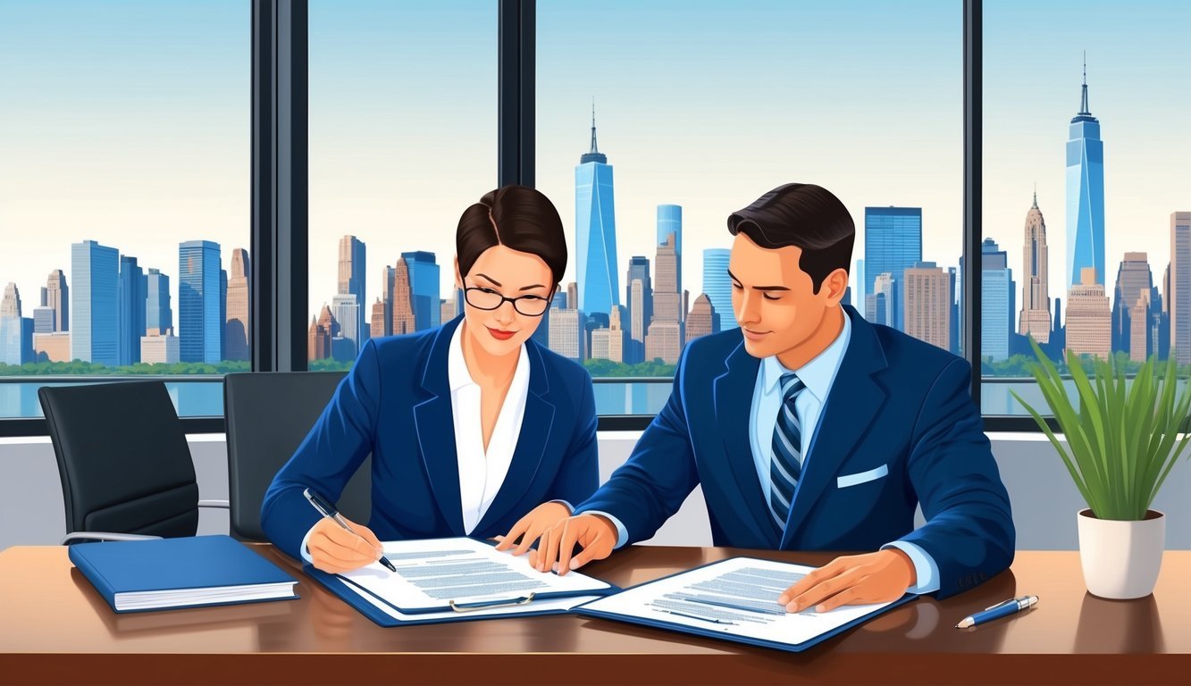 A lawyer and client reviewing legal documents in a modern office with New York City skyline in the background