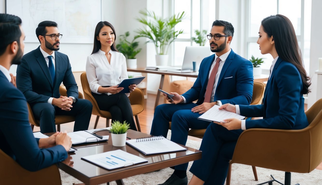 A group of people sitting in a law office, discussing immigration law and consulting with lawyers