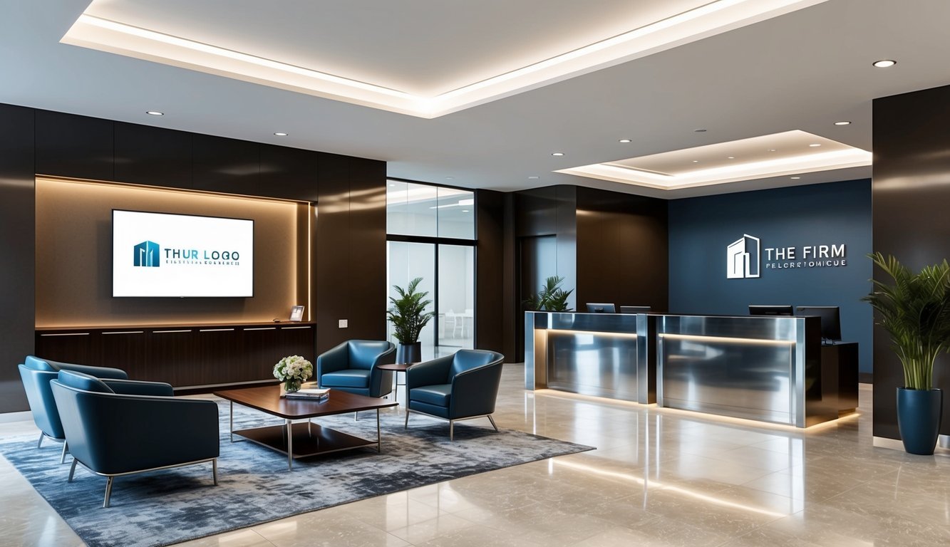 A modern office lobby with sleek furniture, a polished reception desk, and the firm's logo prominently displayed on a large screen