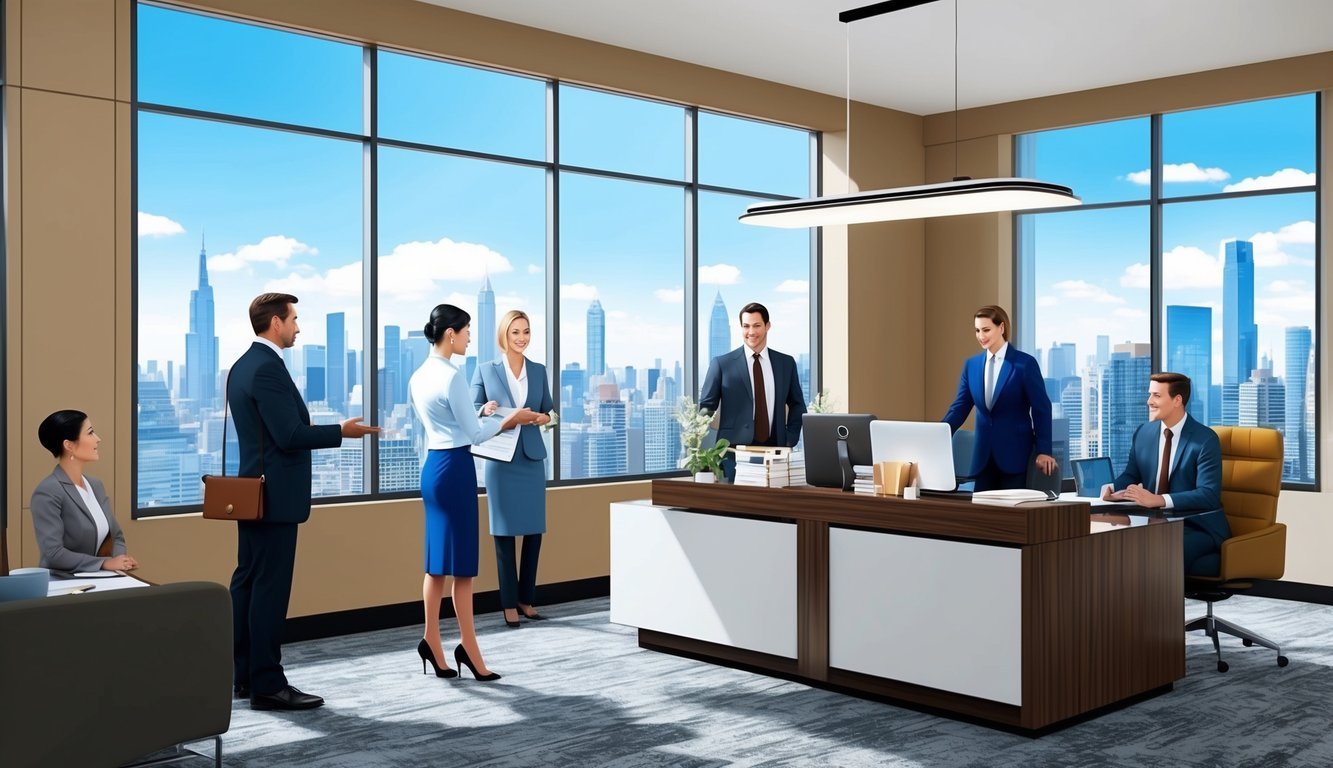 A busy law office with modern decor and large windows overlooking the city skyline.</p><p>A receptionist greets clients while attorneys confer in private offices