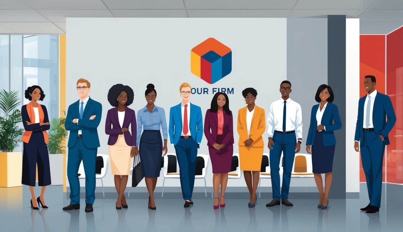 A group of diverse individuals waiting in a modern, welcoming office space with the firm's logo prominently displayed